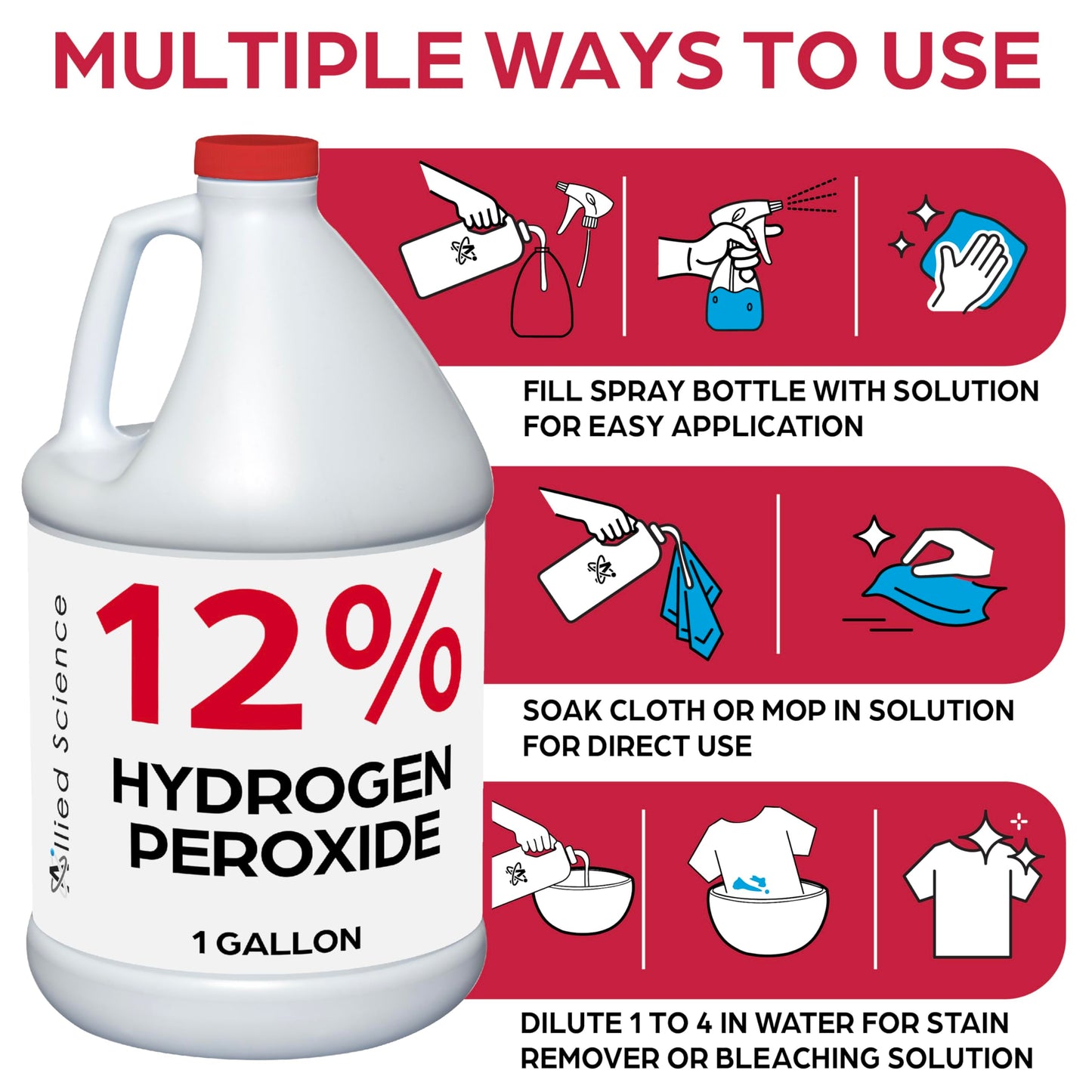 Allied Science 12% Food Grade Hydrogen Peroxide, 4X Stronger, Dilute and Use for Personal Care, Home, Kitchen, Bath, Carpet, Water Cleaner, Plant Treatment, 1 Gallon (1)