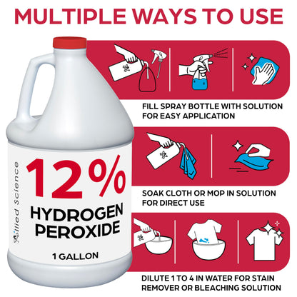 Allied Science 12% Food Grade Hydrogen Peroxide, 4X Stronger, Dilute and Use for Personal Care, Home, Kitchen, Bath, Carpet, Water Cleaner, Plant Treatment, 1 Gallon (1)