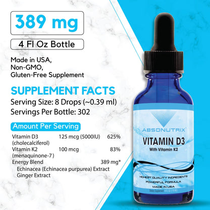 Absonutrix Vitamin D3 K2 Drops, 390mg, 4 Oz Liquid, 302 Servings, Made in USA, Quick Absorption, Quality Potent Ingredients, Non-GMO, GMP Certified, Cruelty-Free Products, Bone Strength Supplements