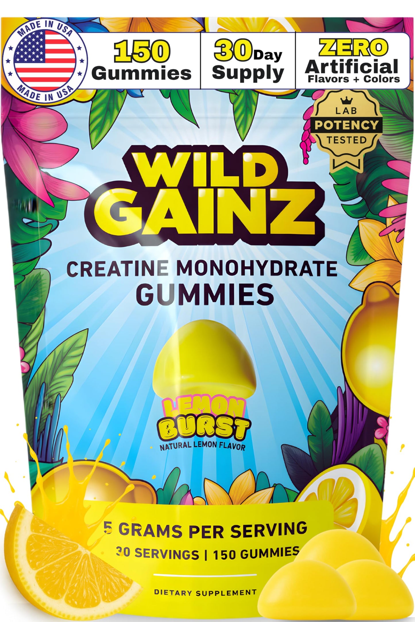 WILD GAINZ Creatine Monohydrate Gummies 5g - Made in USA - Pre Workout Creatine Chews for Women & Men, Vegan Creatine Gummy Candy, Chewable Nutritional Supplements, NSF Certified (Lemon, 150 Count)