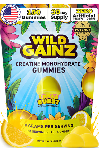 WILD GAINZ Creatine Monohydrate Gummies 5g - Made in USA - Pre Workout Creatine Chews for Women & Men, Vegan Creatine Gummy Candy, Chewable Nutritional Supplements, NSF Certified (Lemon, 150 Count)