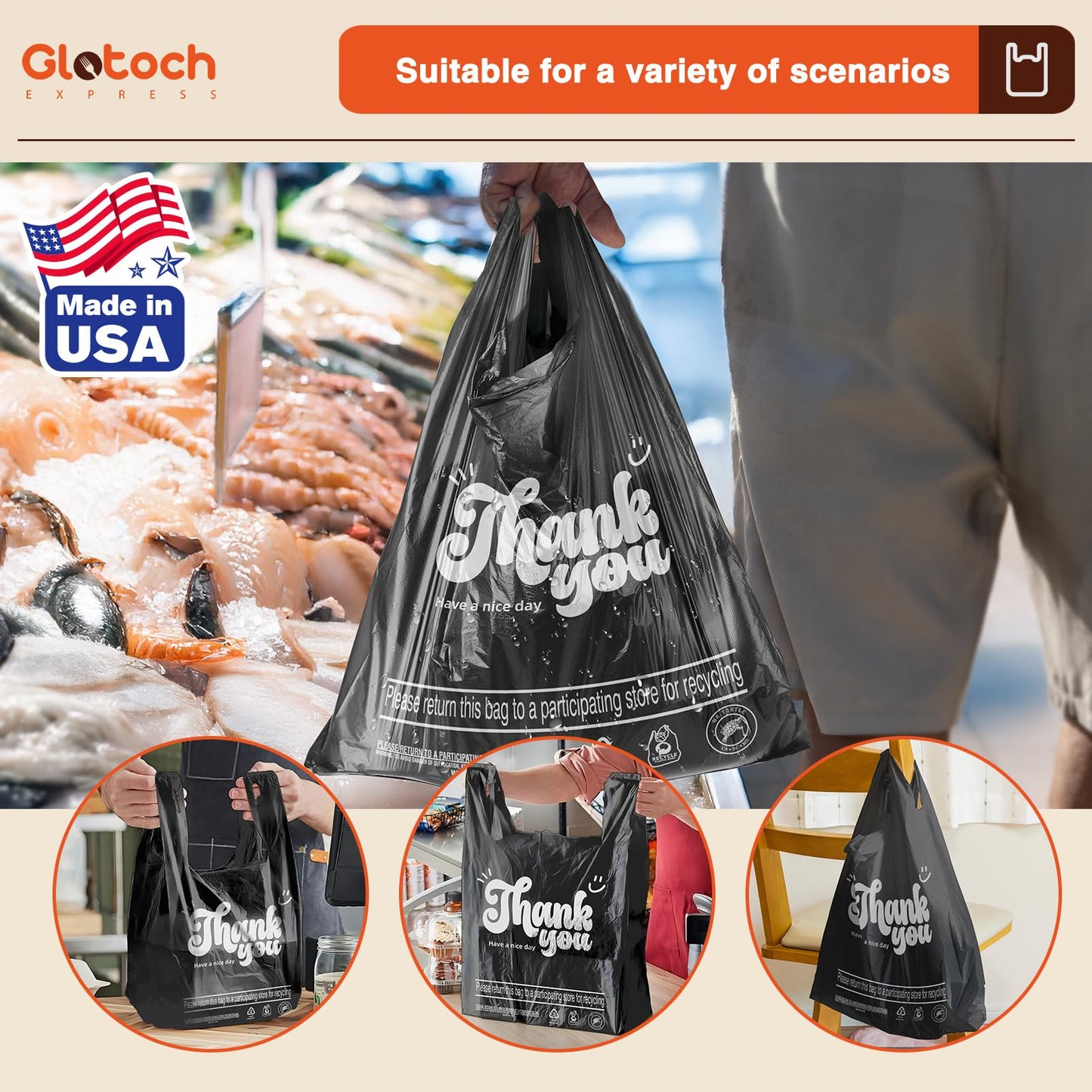 Glotoch 1000 Count Plastic Thank You T-shirt Bags Black, 11.5" x 6.5" x 21" Grocery Bags with Handles for Restaurant, Retail, Grocery Store, Takeout, Convenience Stores, Shopping Bag in Bulk