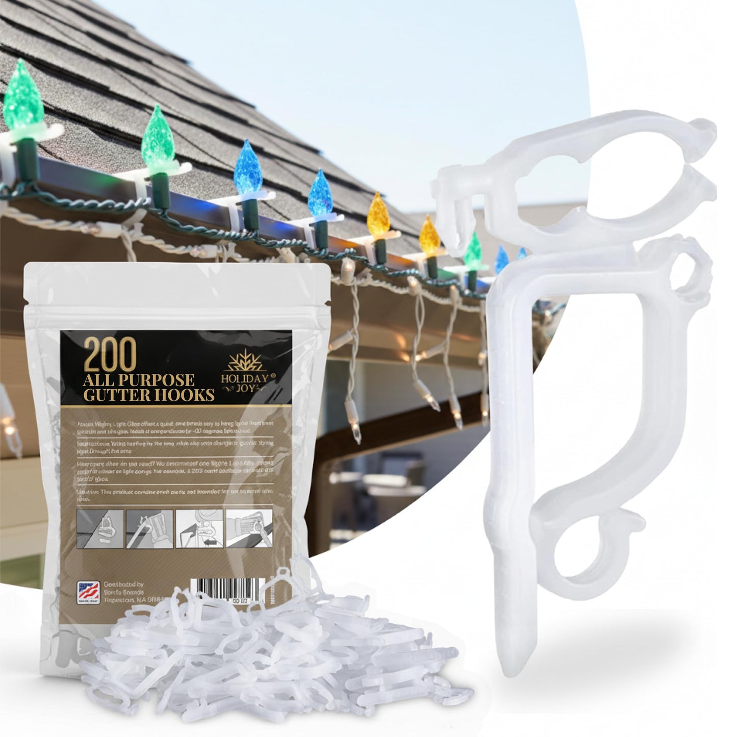 Holiday Joy 200 PCS of All Purpose Gutter Hooks for Outdoor String Lights - Quick & Easy Installation Christmas Lights Clips for Shingles & Gutters - Patent Design String Light Hooks - Made in USA