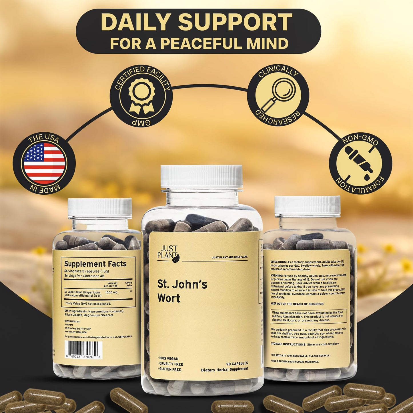 Just Plant St. John’s Wort Supplement 750 mg, 90 Vegan Capsules with Hypericum Perforatum Extract Herbal Mood & Stress Support Gluten-Free, Non-GMO