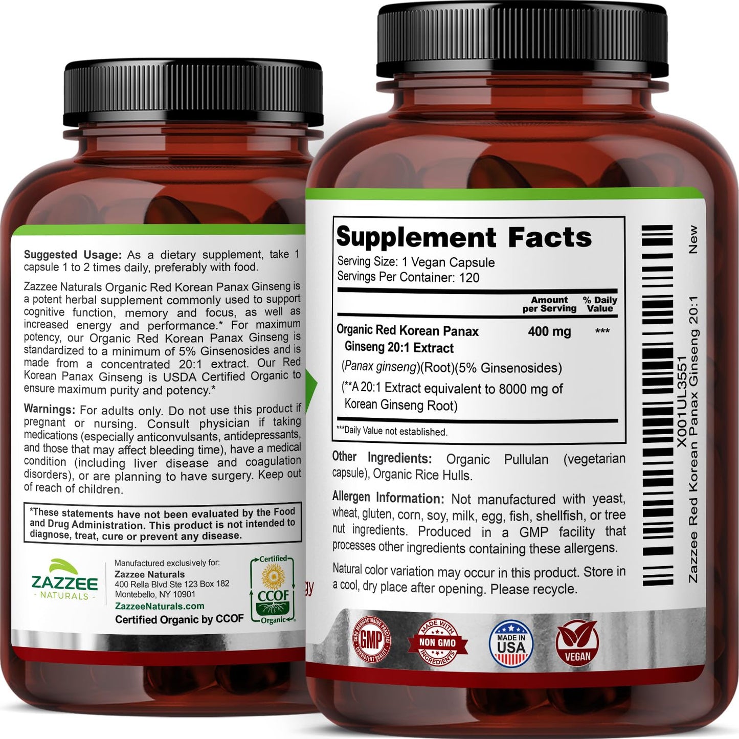 Zazzee USDA Organic Red Korean Panax Ginseng 20:1 Extract, 8000 mg Strength, 5% Ginsenosides, 120 Vegan Capsules, Standardized and Concentrated 20X Root Extract, 100% Vegetarian, All-Natural, Non-GMO