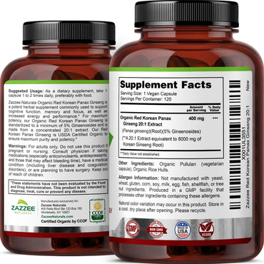 Zazzee USDA Organic Red Korean Panax Ginseng 20:1 Extract, 8000 mg Strength, 5% Ginsenosides, 120 Vegan Capsules, Standardized and Concentrated 20X Root Extract, 100% Vegetarian, All-Natural, Non-GMO