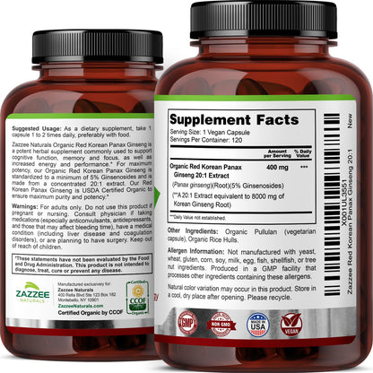 Zazzee USDA Organic Red Korean Panax Ginseng 20:1 Extract, 8000 mg Strength, 5% Ginsenosides, 120 Vegan Capsules, Standardized and Concentrated 20X Root Extract, 100% Vegetarian, All-Natural, Non-GMO