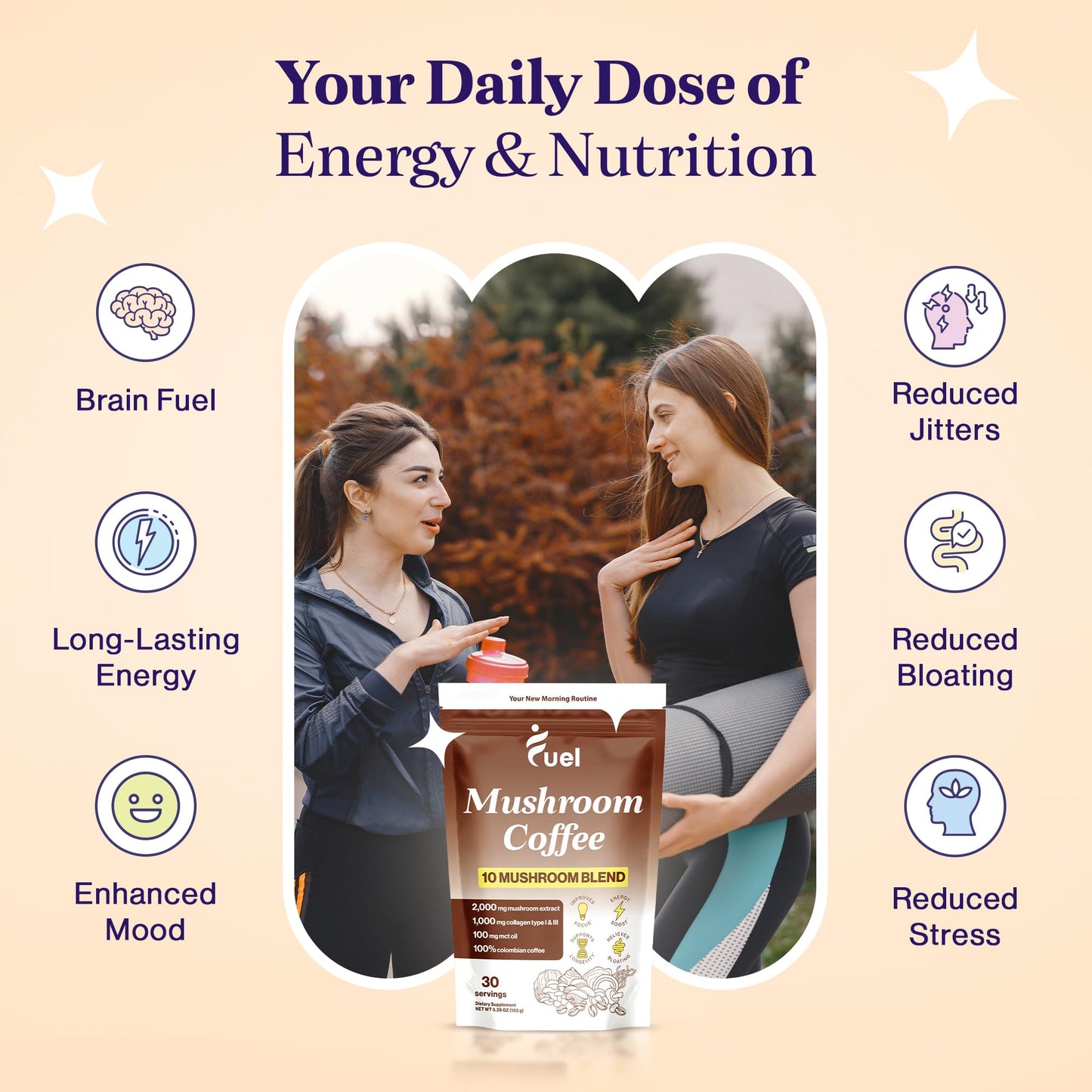 Fuel Brain Boost Mushroom Coffee Nutrition, Organic Blend for Gut Health, Lion's Mane Powder, Chaga & Mushroom Powder Low Caffeine Instant Coffee, Nootropics Drink, 30 Servings