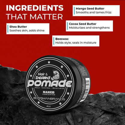 Bossman Hair & Beard Pomade for Men (Naked - Unscented) – Medium Hold & Moisturizing for Hair, Beard & Mustache Styling – Made in USA
