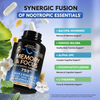 Brain Supplement for Memory & Focus 750 mg - Magnesium | L-Theanine | Bacopa Monnieri | Ginkgo Biloba | Lions Mane - 12in1 Nootropic Complex for Neuro Health - Caffeine-free - Made in USA, 60 Capsules