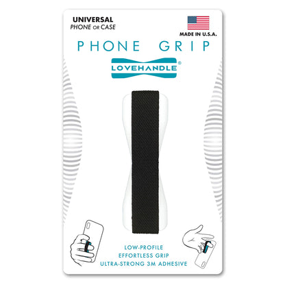 LOVEHANDLE Universal Phone Grip for Smartphones & Mini Tablets - Phone Holder for Hand - Wireless Charging Compatible - Made in The USA - Black Elastic Strap with White Base