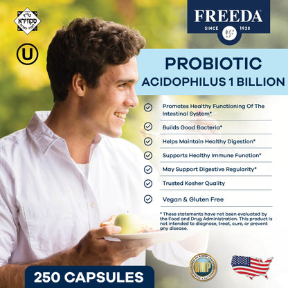 FREEDA Acidophilus Probiotic 1 Billion CFU – Lactobacillus Acidophilus with Organic Inulin & Blue Agave – Digestive Health, Regularity & Immune Support – Vegan, Kosher, Non-GMO (100 Capsules)