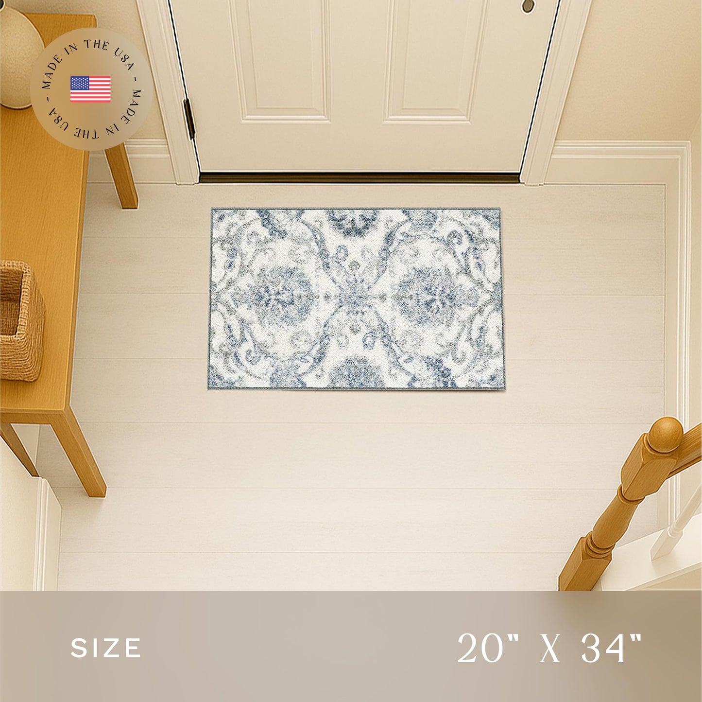 Maples Rugs Blooming Damask Area Rugs - Made in USA – Washable, Non Slip Indoor Carpet for Entryway, Foyer, Kitchen, and Bathroom, 1'8 x 2'10, Grey/Blue