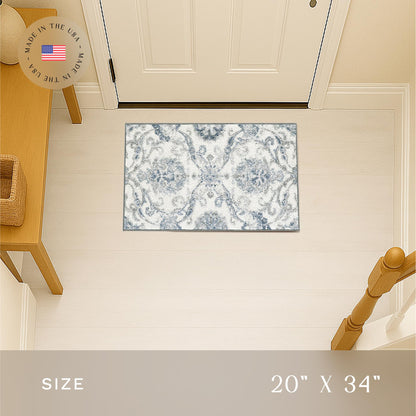 Maples Rugs Blooming Damask Area Rugs - Made in USA – Washable, Non Slip Indoor Carpet for Entryway, Foyer, Kitchen, and Bathroom, 1'8 x 2'10, Grey/Blue