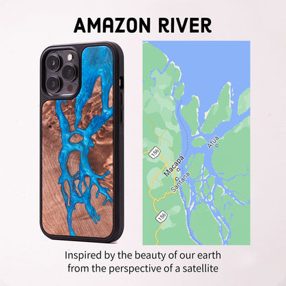 Carved - Designed for iPhone 14 | Burl Wood & Resin Traveler Case | MagSafe Compatible Magnet | One-of-A-Kind Inlay | Made in USA | Map of Amazon River