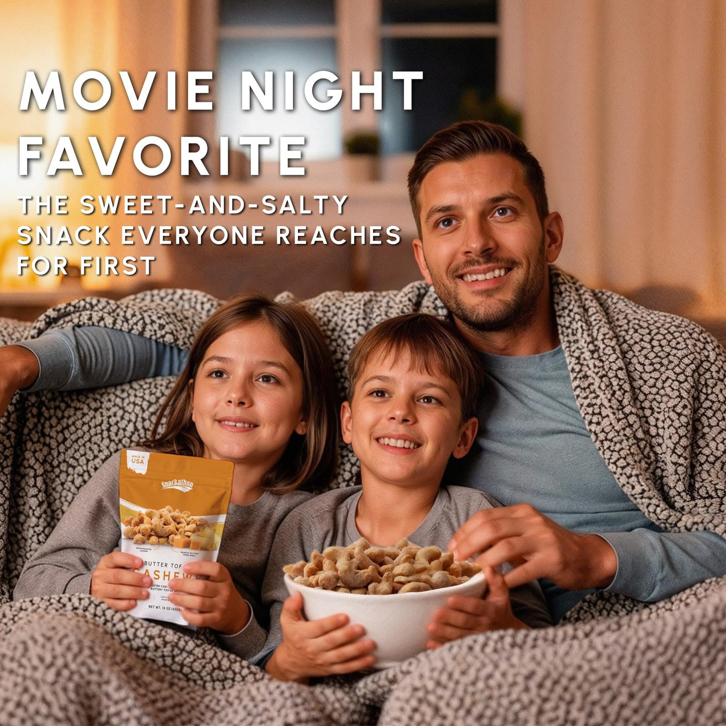 Snackathon Butter Toffee Cashews, 7 oz Resealable Bag, Made in USA, All-Natural Fresh Roasted Nuts Coated in a Crunchy Buttery Toffee Shell, Gourmet Sweet & Salty Snac