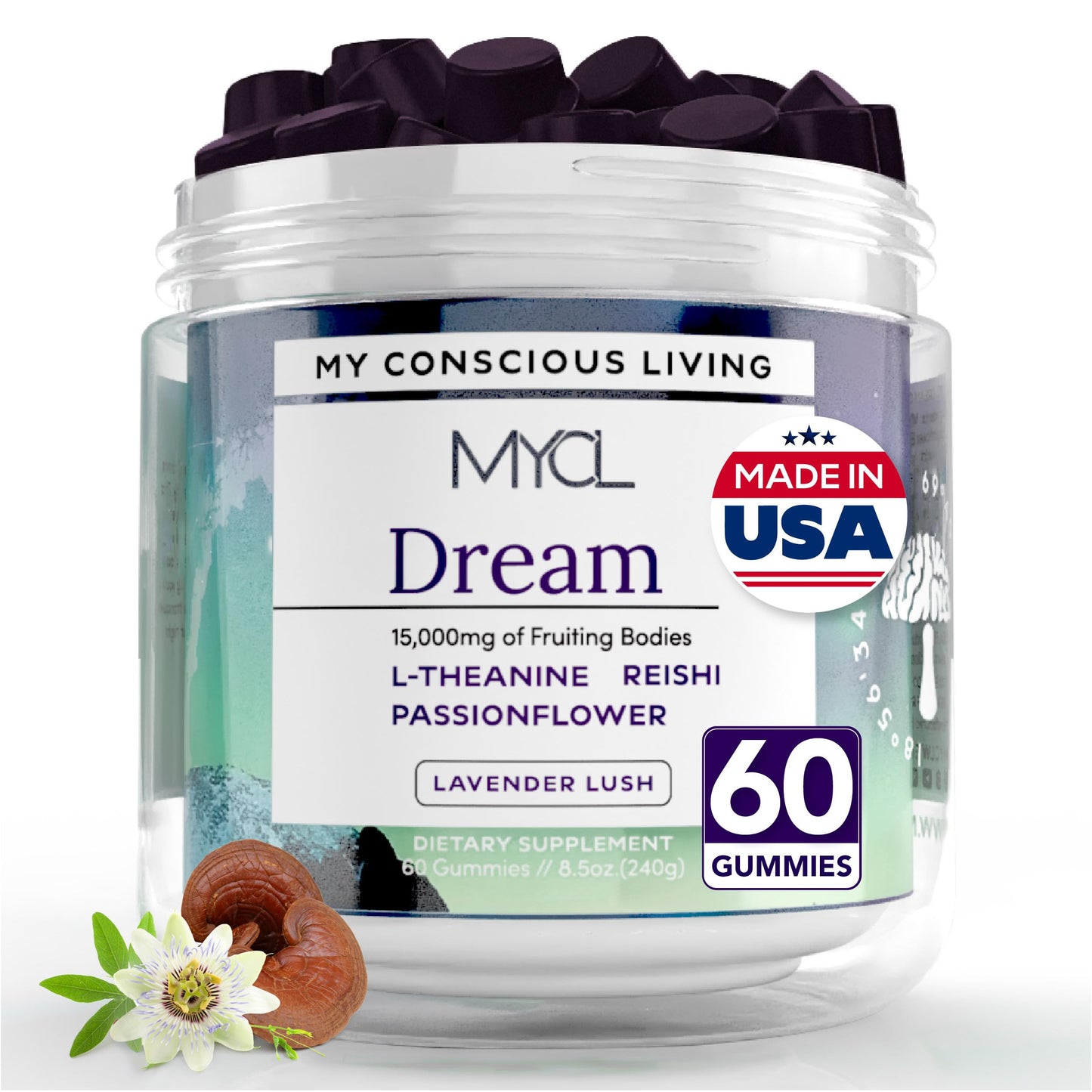 MYCL Dream Mushroom Gummies | 500mg Blend with Reishi Fruiting Body, L-Theanine, Valerian Root & Low-Dose Melatonin | Supports Deep Sleep & Stress Relief | Vegan, Organic, Gluten-Free | 30 Servings