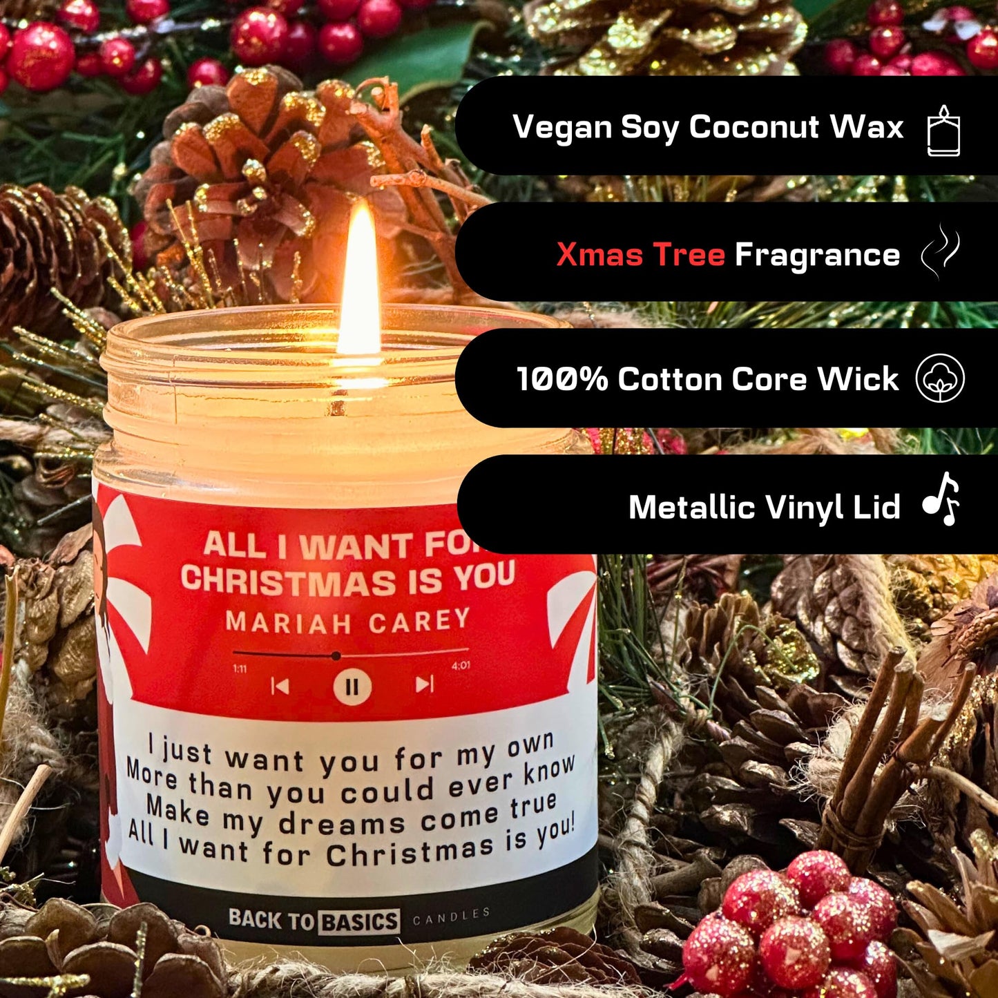 Back to Basics Candles | All I Want for Christmas - 9oz Soy Wax Xmas Tree Scented Candle for Home Decor, Birthday Gifts for Women, Men, Best Friend | Relaxing Aromatherapy Made in USA
