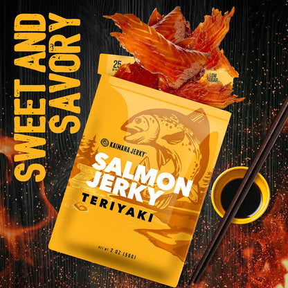 Kaimana Jerky Wild Caught Salmon Jerky - Organic Sweet & Savory Dried Fish Strips Rich in Omega-3 & Protein - Low-Calorie Seafood Snack with No Gluten, Less Sodium & Sugar - Teriyaki Flavor - 2oz Pack