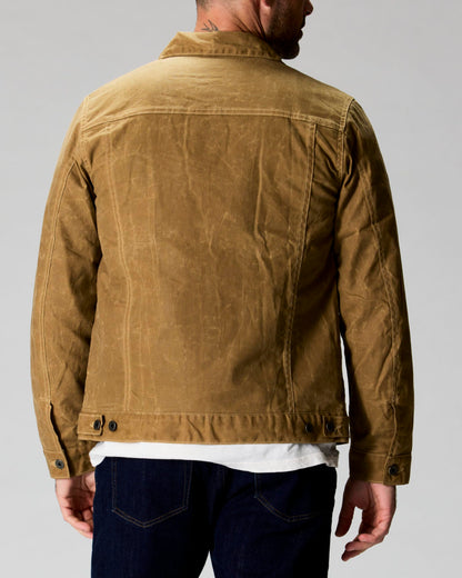 Huckberry Flint and Tinder Men's Flannel-Lined Waxed Trucker Jacket, Water & Weather Resistant Mens Jacket, Field Tan