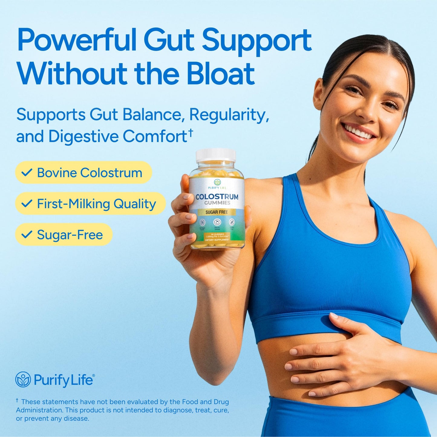 Sugar-Free Colostrum Gummies (1500mg) Bovine Colostrum for Humans, Grass-Fed Supplement for Gut Health, Leaky Gut Repair, Immune Support, Skin Health - 35% IgG Per Serving