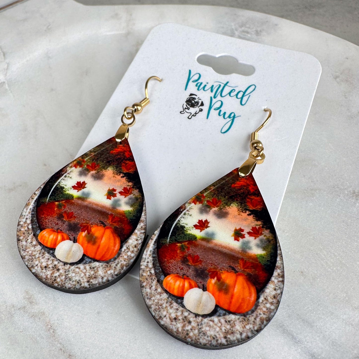 Fall Earrings for Women Autumn Lightweight Teardrop Pumpkin Thanksgiving Jewelry Dangle Fun Colorful Statement Handmade The Painted Pug (Fall Scene)