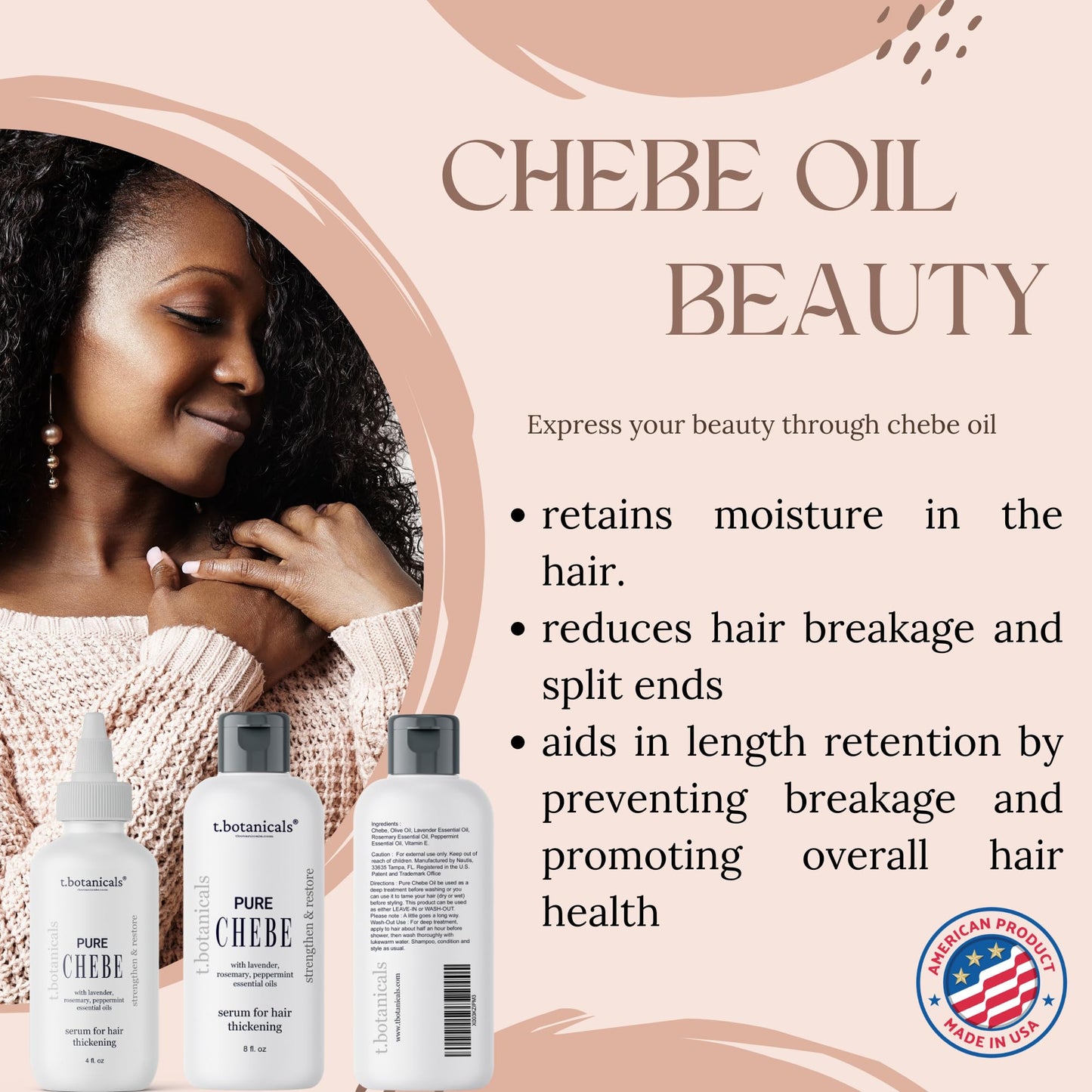 t.botanicals Hair Styling Agent - 8 oz Chebe Oil with Rosemary, Peppermint, and Lavender for Hair Growth, Reduces Split Ends and Hair Breakage, Preservative Free, Lavender Scent, Made in USA