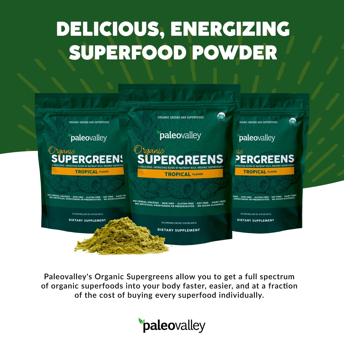 Paleovalley Organic Supergreens Powder - 23 Superfoods with Prebiotic Fiber for Energy and Immunity Support - No Cereal Grasses for Maximum Absorption - Tropical, 30 Servings