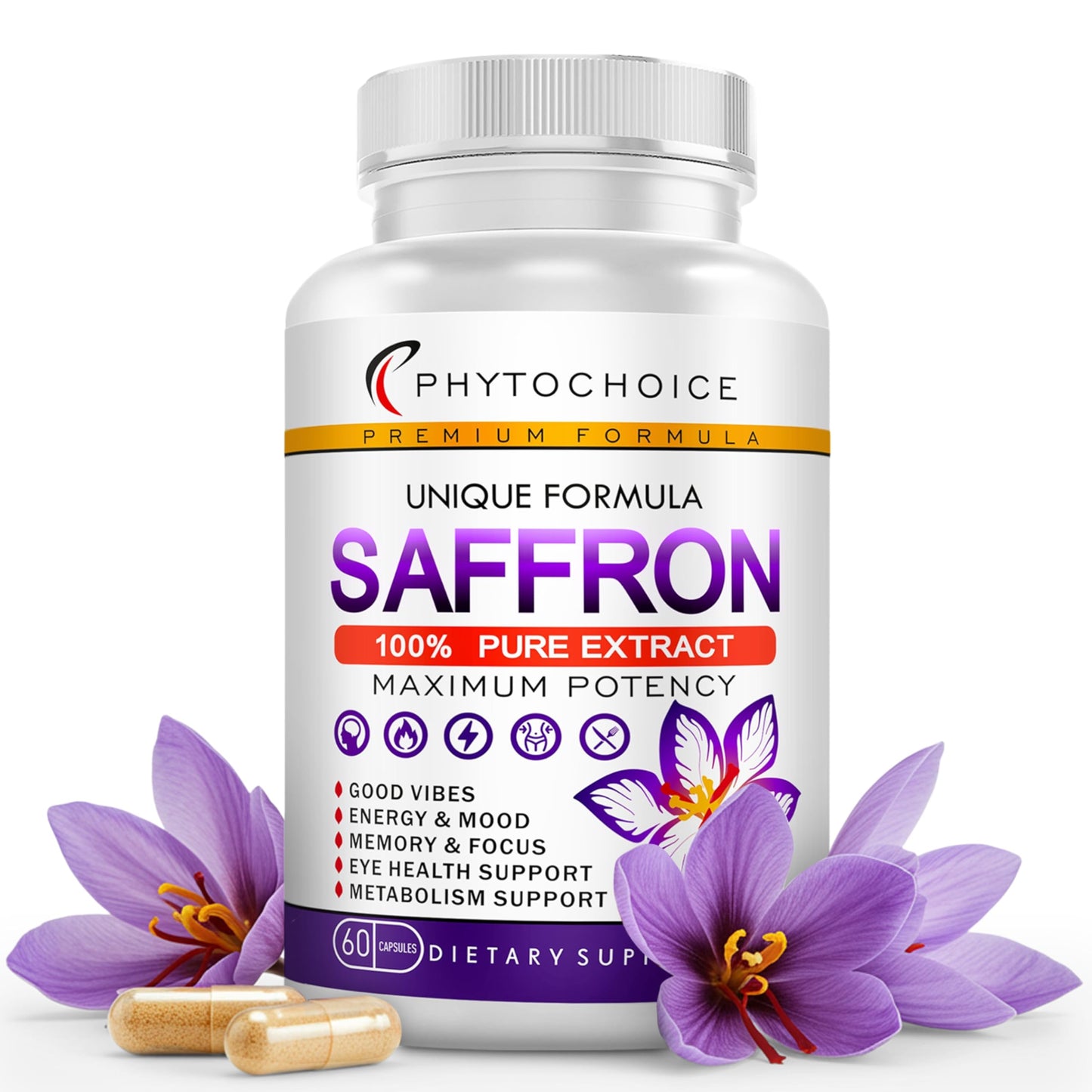 Saffron Supplements - 100% Pure Saffron Extract Capsules - Boost Energy & Mood, Support Eye & Heart Health, Focus, Vision - Pure Saffron Extract 88.5 mg - Made in USA for Women & Men - 60 Capsules