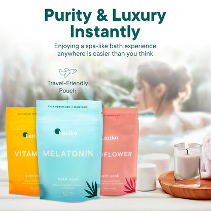 Latika Soaks Set of 3 - Wildflower, Melatonin, Vitamin C - Moisturizing Bath Soak with Epsom Salt & Essential Oils for Stress Relief, Muscle Recovery, & Relaxation - at-Home Spa