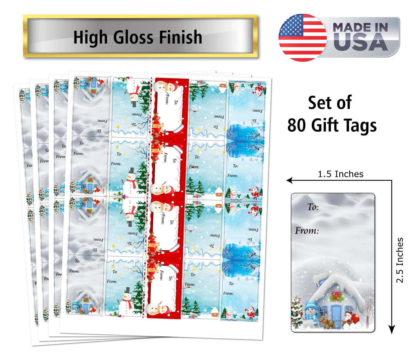 Christmas Snow Gift Tags - Self Adhesive Glossy Stickers, Xmas Present Labels. Set of 80 Labels. Merry Christmas Made in USA