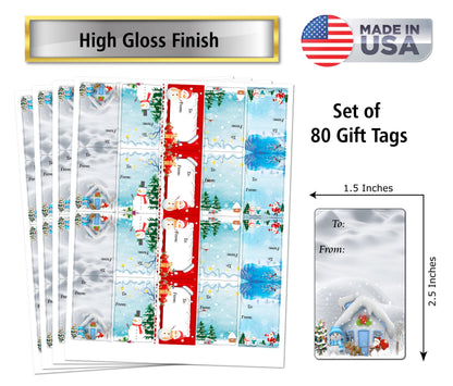 Christmas Snow Gift Tags - Self Adhesive Glossy Stickers, Xmas Present Labels. Set of 80 Labels. Merry Christmas Made in USA