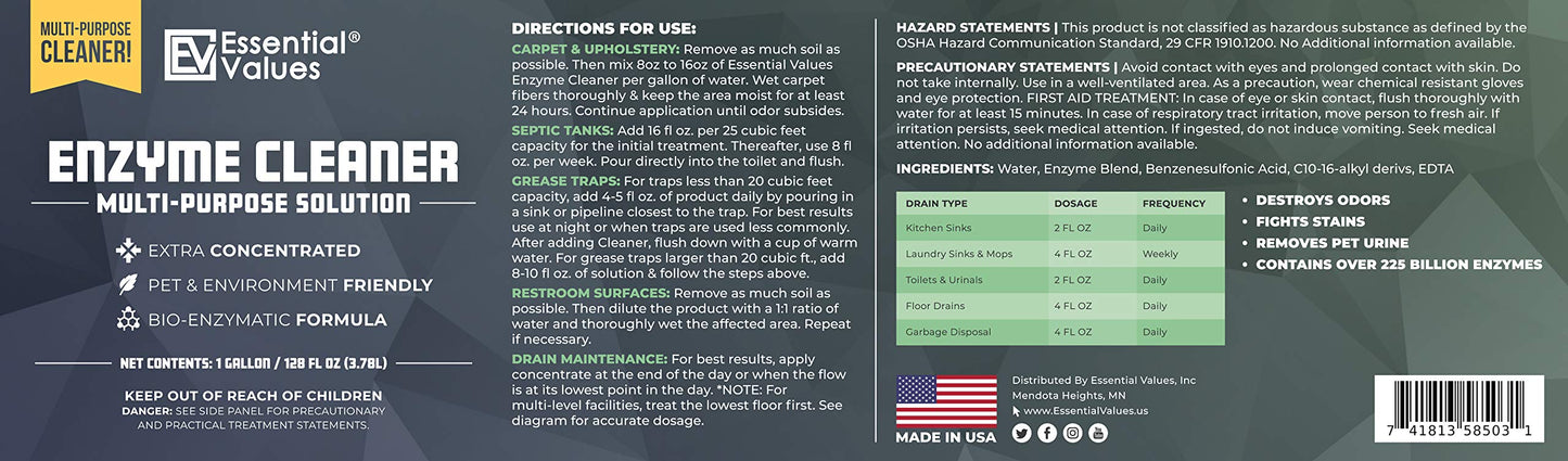 Enzyme Cleaner (1 Gallon / 128 Fl OZ), Drain Cleaner, Made in USA – Multi-Purpose Solution- Stop Odors in its Tracks | Odor Eliminator, Stain Remover, General Cleaning – for Residential & Commercial