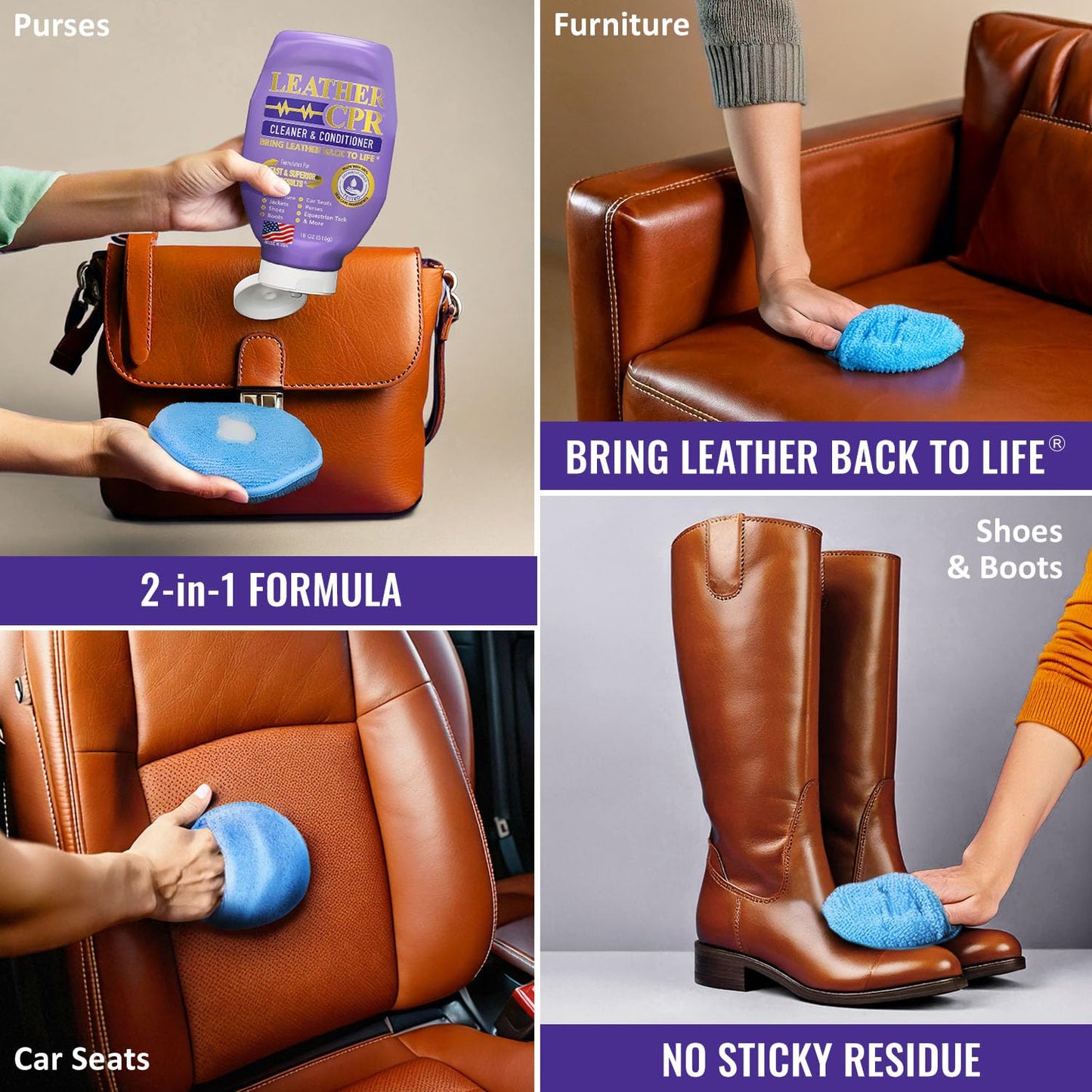 Leather CPR Cleaner and Conditioner - Made in USA, Leather Furniture Cleaner and Conditioner for Couch, Purses, Shoes, Jackets, Cars, Leather Restore