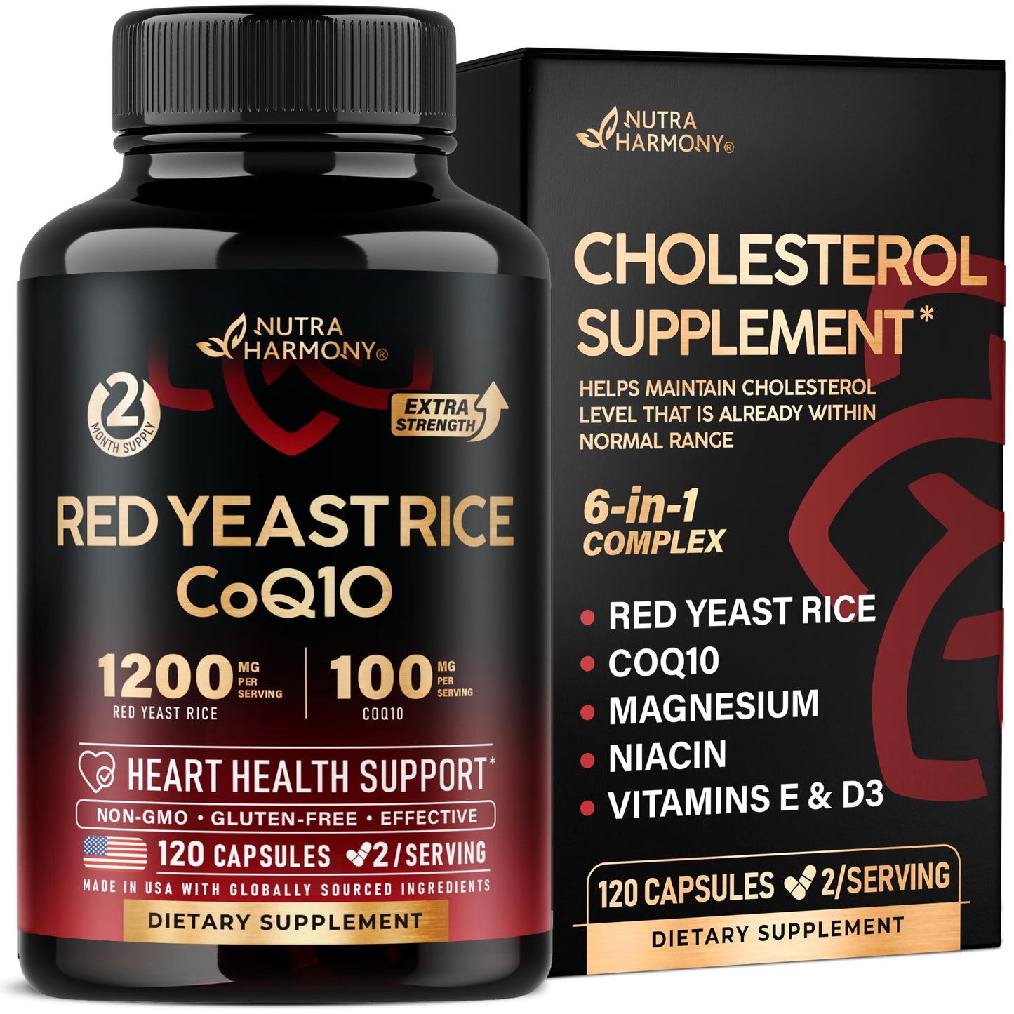 Red Yeast Rice 1200 mg with CoQ10 100 mg - with Magnesium | Niacin | Vitamin E & D3 - Heart Health Support, Energy & Metabolism - Effective, Flush-free & Laboratory Tested - Made in USA, 120 Capsules