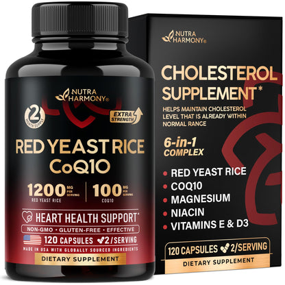 Red Yeast Rice 1200 mg with CoQ10 100 mg - with Magnesium | Niacin | Vitamin E & D3 - Heart Health Support, Energy & Metabolism - Effective, Flush-free & Laboratory Tested - Made in USA, 120 Capsules