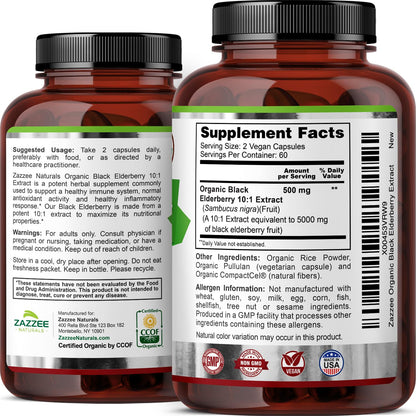 Zazzee USDA Organic Black Elderberry 10:1 Extract, 5000 mg Strength, 120 Vegan Capsules, 2 Month Supply, Standardized, Concentrated 10X Extract, 100% Vegetarian, All-Natural, Non-GMO, Made in The USA