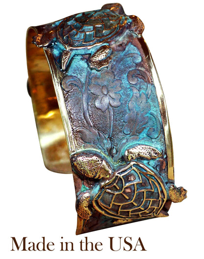 Verdigris Patina Solid Brass Classic Sea Turtle Cuff Bracelet by Elaine Coyne Made In USA