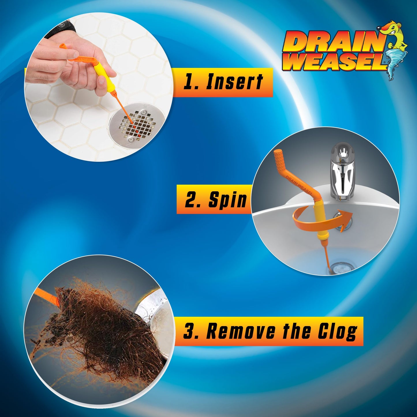 FlexiSnake Drain Weasel Sink Snake Hair Clog Remover Tool, Pipe, Bathroom, Bathtub Cleaner, 18-inch, Made in the USA