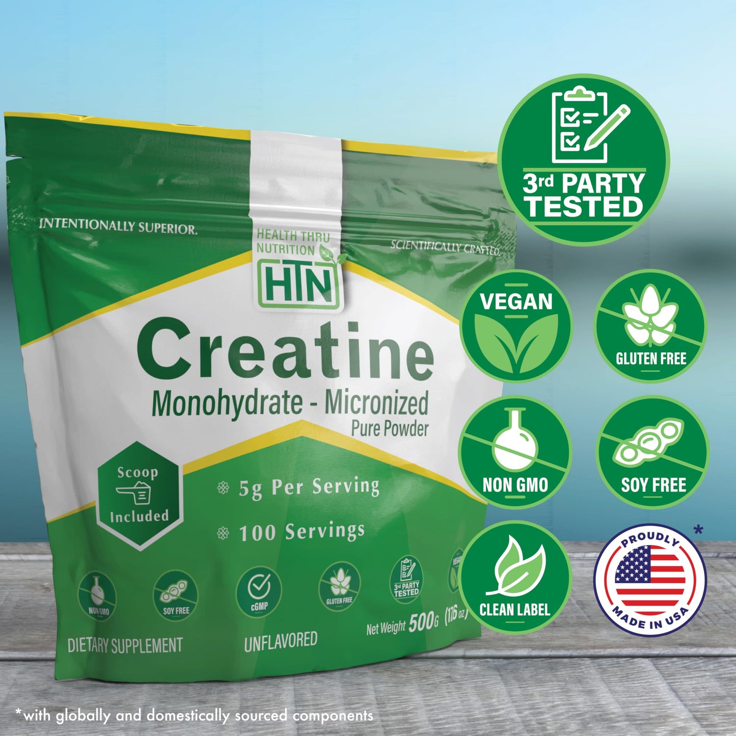 Health Thru Nutrition Creatine Monohydrate Micronized Powder – 500g Pure Unflavored – 5g Per Scoop – Workout Support, Muscle Fuel and Recovery Bulk Supplement | Non-GMO, Vegan