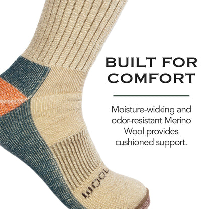 Woolrich Merino Wool Socks for Men - Made in USA, Crew Hiking Sock, Made of 78% Merino Lambswool w/Padded Arch, 2 Pairs