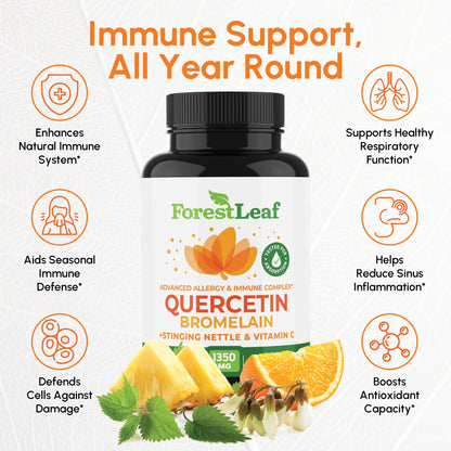ForestLeaf Quercetin with Bromelain 1350mg - Blend with Vitamin C & Stinging Nettle Supplement, Quercetin 500mg Capsules, Non-GMO Gluten Free, Natural Immune & Respiratory Function, 90 Veggie Caps