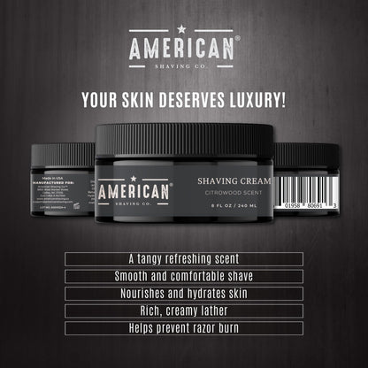 American Shaving Co. Citrowood Shaving Cream For Men 8 oz, Made in USA, Easy Application, Quality Potent Ingredients, Non-GMO, GMP Certified, Cruelty-Free Products