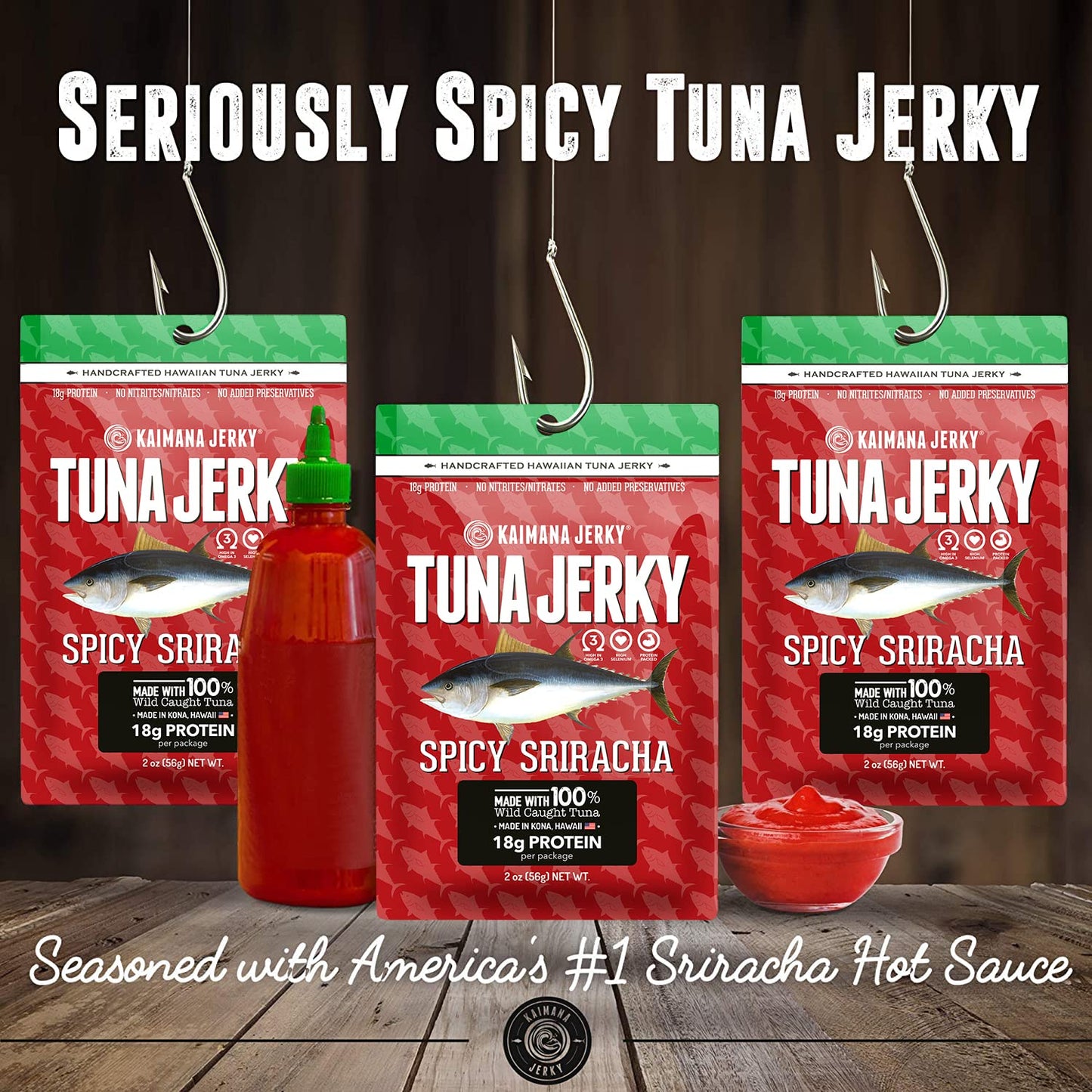 Kaimana Ahi Tuna Jerky Sriracha 2 Ounce - Paleo Style - Premium Fish Jerky Made in the USA. High in Omega 3's, All Natural and Wild Caught (2 Ounce (Pack of 1), (Sriracha)