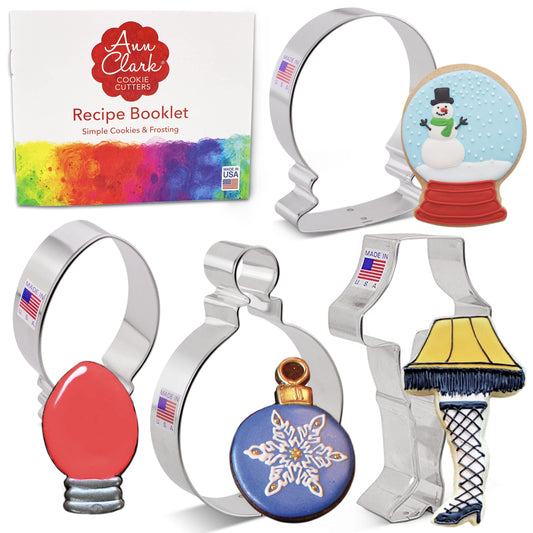 Christmas Cookie Cutters 4-Pc. Set Made in USA by Ann Clark, Snow Globe, Ornament, Light Bulb, Leg Lamp