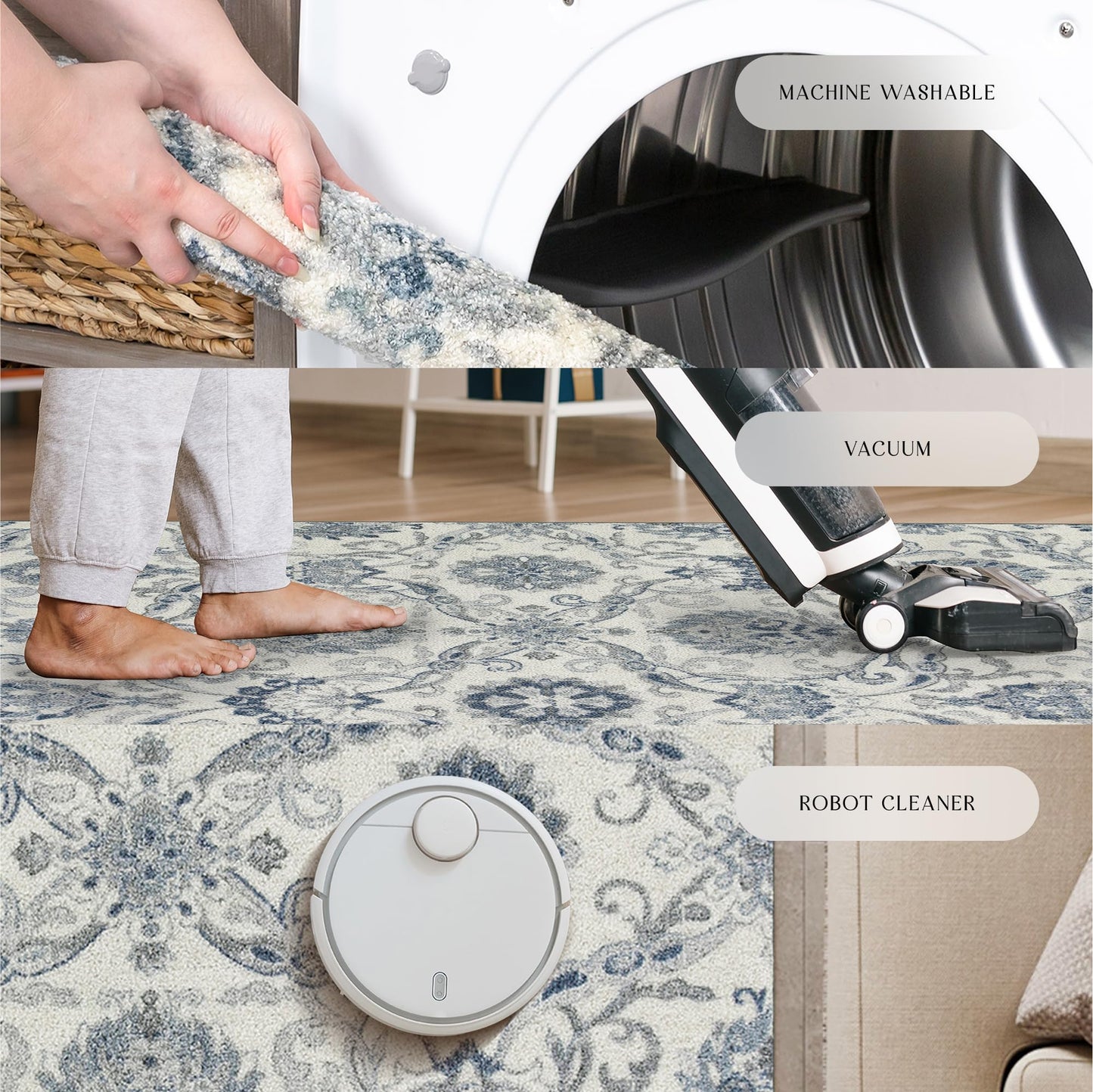 Maples Rugs Blooming Damask Area Rugs - Made in USA – Washable, Non Slip Indoor Carpet for Entryway, Foyer, Kitchen, and Bathroom, 1'8 x 2'10, Grey/Blue