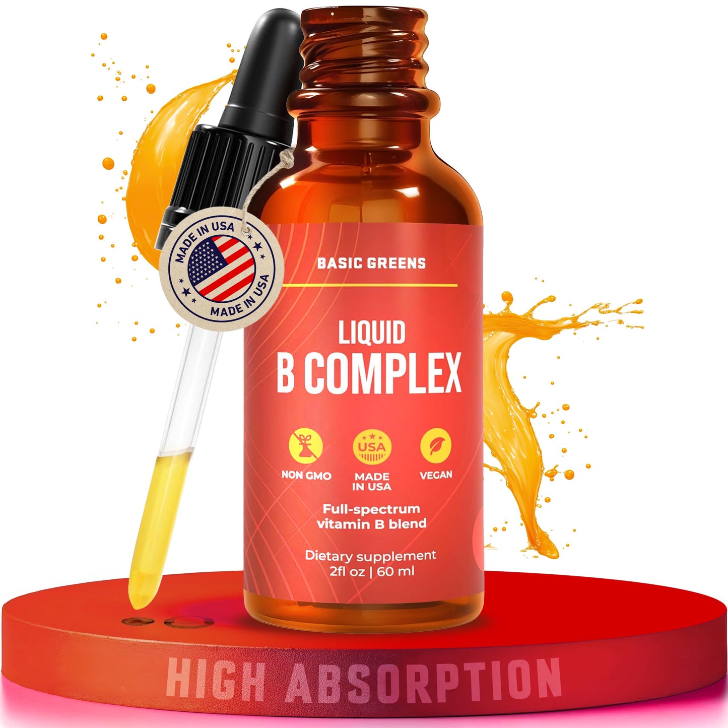 BASIC GREENS Vitamin B Complex Liquid Drops - Strength Sublingual Formula, Maximizes Absorption & Boosts Energy - B1, B2, B3, B5, B6, B7, B9, B12 - Natural Vegan Supplement for Immunity (B Complex)
