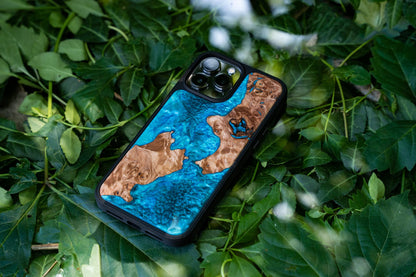 Carved - Designed for iPhone 14 | Burl Wood & Resin Traveler Case | MagSafe Compatible Magnet | One-of-A-Kind Inlay | Made in USA | Map of New Zealand