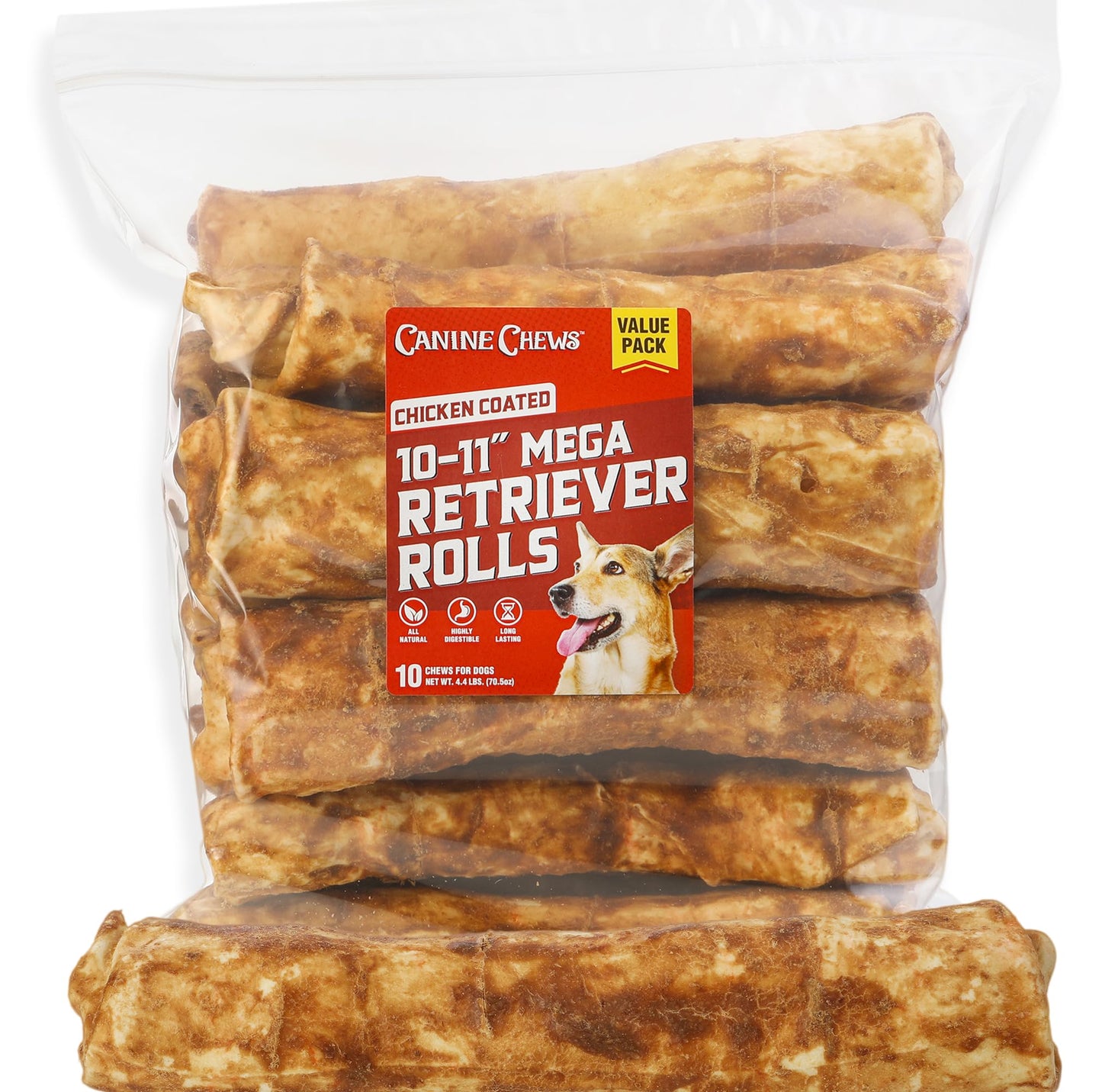 Canine Chews 10-11" Chicken-Coated MEGA Retriever Rolls (10 Pack) Natural Rawhide for Big Dogs - Long-Lasting Dog Chew Treats for Aggressive Chewers - Odor-Free - Extra-Large