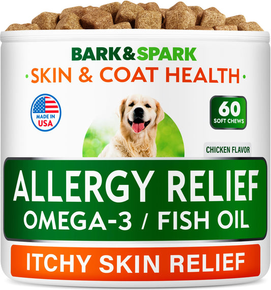 BARK&SPARK Dog Allergy Relief Chews - Anti-Itch Skin & Coat Supplement - Omega 3 Fish Oil - Itchy Skin Relief Treatment Pills - Itching&Paw Licking - Dry Skin&Hot Spots - (60 Immune Treats - Chicken)